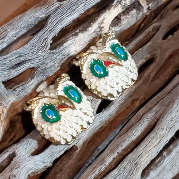 NEW Vintage Enameled Cream Green Gold Owl Earrings - Picture 4 of 8